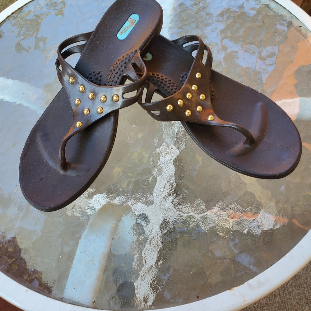 Brown and Gold Studded Sandals with Geometric Design